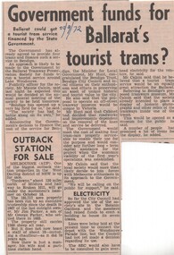 Newspaper, The Courier Ballarat, Government funds for Ballarat's tourist trams?", 22/09/1972 12:00:00 AM