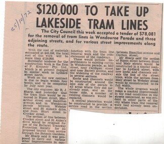 Newspaper, The Courier Ballarat, "$120,000 to take up lakeside tram lines", 25/10/1972 12:00:00 AM