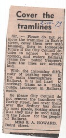 Newspaper, The Courier Ballarat, "Cover the Tramlines" - letter to the Editor, 2/10/1973 12:00:00 AM