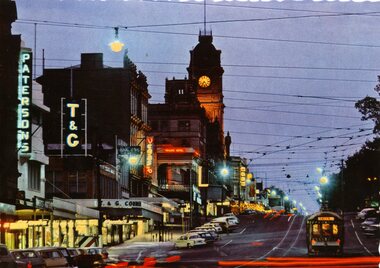 Postcard, Nu-Color-Vue Productions Pty Ltd, Sturt St at night, late 1960's or early 1970's