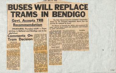 Newspaper, Bendigo Advertiser, "Buses will replace Trams in Bendigo", 19/07/1968 12:00:00 AM