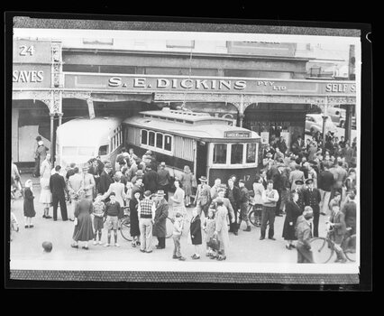 Tram 17 and S E Dickins store  - scan of copy negative