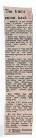 Newspaper, Herald  Sun, "The trams come back', 12/05/1972 12:00:00 AM