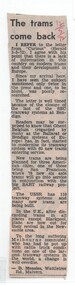 Newspaper, Herald Sun, "The trams come back', 12/05/1972 12:00:00 AM