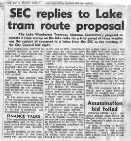 Newspaper, The Courier Ballarat, "SEC replies to Lake Tram route proposal", 14/09/1971 12:00:00 AM