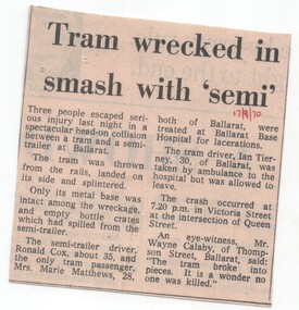 Newspaper, "Tram wrecked in smash with 'semi' ", 17/09/1970 12:00:00 AM