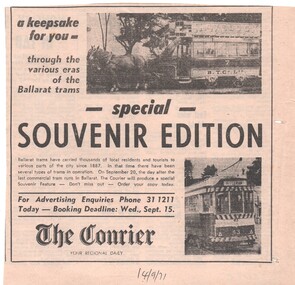 Newspaper, The Courier Ballarat, Advert for Souvenir Special edition, 14/09/1971 12:00:00 AM