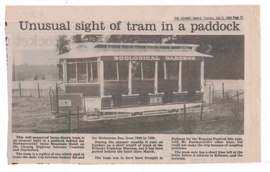 Newspaper, The Courier Ballarat, "Unusual sight of tram in a paddock", 5/07/1988 12:00:00 AM