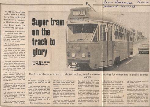 Newspaper item 'Super tram on the track to glory'