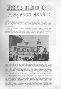Document - Report, Ballarat Tramway Preservation Society (BTPS), "Horse Tram No. 1 Progress Report", 1988