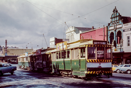 No. 21 and three other trams at City Loop looking east along the south side of Sturt St. - Edited and clean image