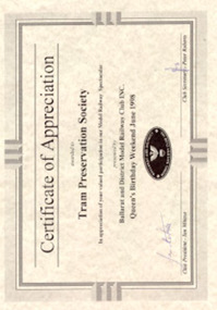 Certificate, Ballarat and District Model Railway Club, Jun. 1998
