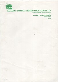 Document - Letterhead, Ballarat Tramway Preservation Society (BTPS), BTPS letterhead, c1974