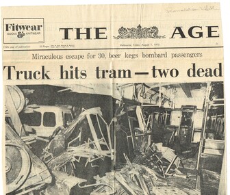 Newspaper, The Age, "Truck hits tram - two dead", 7/08/1970 12:00:00 AM