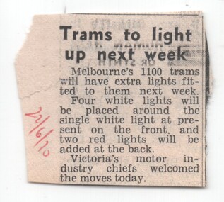 Newspaper, "Trams to light up next week", 22/06/1970 12:00:00 AM