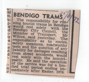 Newspaper, The Courier Ballarat, "Bendigo Trams", 8/12/1972 12:00:00 AM