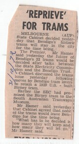 Newspaper, The Courier Ballarat, "Reprieve for Trams", 31/10/1972 12:00:00 AM