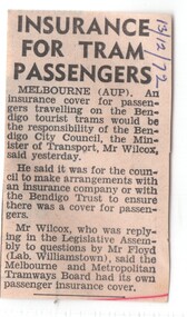 Newspaper, The Courier Ballarat, "Insurance for Tram Passengers", 13/12/1972 12:00:00 AM