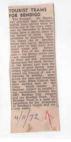 Newspaper, The Courier Ballarat, "Tourist Trams for Bendigo", 4/11/1972 12:00:00 AM