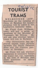 Newspaper, The Courier Ballarat, "Tourist Trams for Bendigo", 24/10/1972 12:00:00 AM