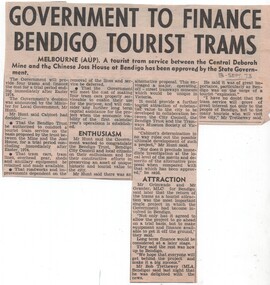 Newspaper, "Government to finance Bendigo Tourist Trams", 13/9/1973?