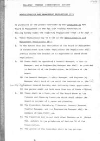 Legal record - Legal Document, Ballarat Tramway Preservation Society (BTPS), "Administration and Management Regulations 1973", Jul. 1973