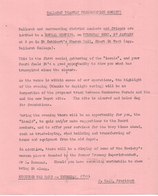Newsletter, Ballarat Tramway Preservation Society (BTPS), Notice to BTPS members about a Social Meeting t, Jan. 1972