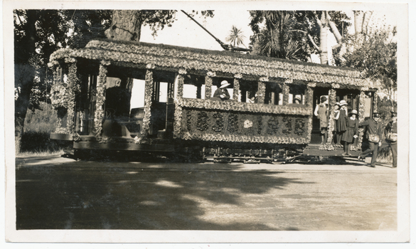 B&W print of donated negative and Digital Image of decorated tram 23.