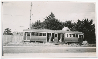 A vintage tramcar with number 22 visible on its side, stopped on grassy land next to a road, with a wooden fence and trees in the background.