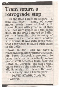 Newspaper, The Courier Ballarat, "Tram return a retrograde step", 16/12/1995 12:00:00 AM