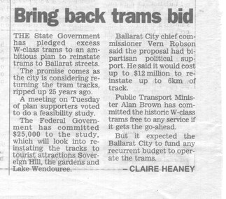 Newspaper, Herald Sun, "Bring back trams bid", 25/01/1996 12:00:00 AM