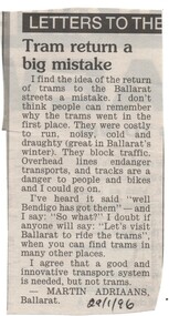 Newspaper, The Courier Ballarat, "Tram return a big mistake", 29/01/1996 12:00:00 AM