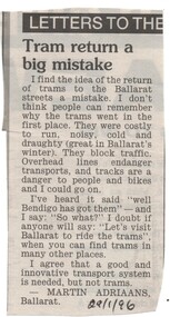 Newspaper, The Courier Ballarat, "Tram return a big mistake", 29/01/1996 12:00:00 AM