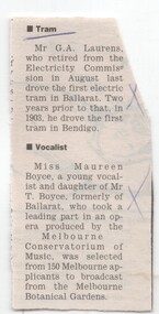 Newspaper, The Courier Ballarat, G A Laurens - first tram driver, 31/12/1994 12:00:00 AM