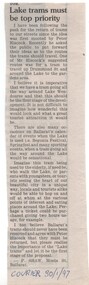 Newspaper, P.  Shaw and  Moola St. Ballarat, "Lake trams must top priority", 30/01/1997 12:00:00 AM