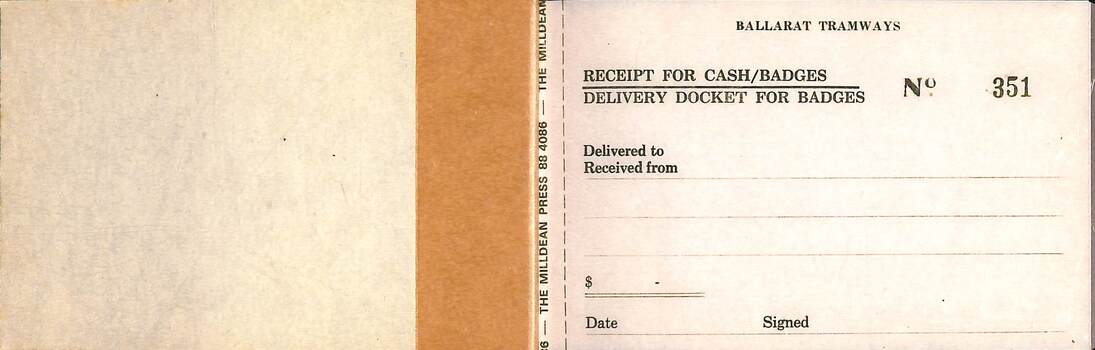 Receipt book for cash and badges.