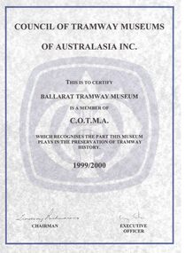 Certificate, COTMA, COTMA membership certificate for 1999/2000, c9/1999
