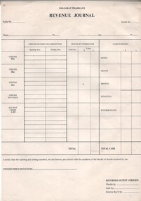 Document - Form/s, Ballarat Tramway Preservation Society (BTPS), "Revenue Journal", Between 1980 and 1985