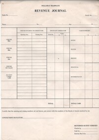 Document - Form/s, Ballarat Tramway Preservation Society (BTPS), "Revenue Journal", Between 1980 and 1985