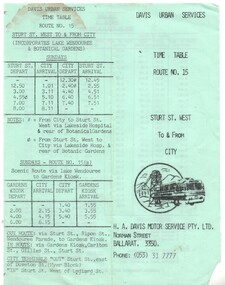 Ephemera - Timetable/s, H. A. Davis Motor Services, "Timetable Route No. 15, Sturt St. West to and from City", c1975