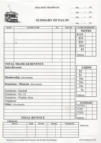Document - Form/s, Ballarat Tramway Preservation Society (BTPS), "Summary of Pay-In", 1978 to 1995