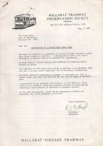 Document - Letter/s, Ballarat Tramway Preservation Society (BTPS), "Restoration of A Double-deck Horse Tram", 1985