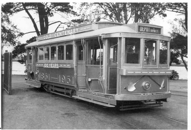 A vintage tram celebrating the Ballarat "Gold Centenary" from 1851-1951, with "DEPOT RIPON ST" displayed on its destination board.