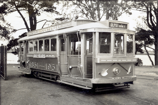 A vintage tram celebrating the Ballarat "Gold Centenary" from 1851-1951, with "DEPOT RIPON ST" displayed on its destination board.