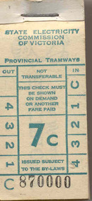 Ephemera - Ticket/s, State Electricity Commission of Victoria (SEC), Block of 200 tickets - 7c, c1969