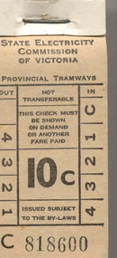 Ephemera - Ticket/s, State Electricity Commission of Victoria (SECV), Block of 200 tickets - 10c, c1968