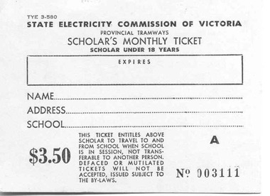 Ephemera - Ticket/s, State Electricity Commission of Victoria (SECV), $2.50 -  Scholar's Monthly Ticket, 1969