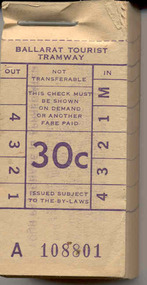 Ephemera - Ticket/s, Ballarat Tramway Museum (BTM), Block of 200 tickets - 30c BTPS, Oct. 1975