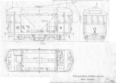 Blueprint showing side, front, and top views of a track cleaner and scrubber car, labeled "TRACK CLEANER & SCRUBBER CAR NO. 8".