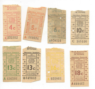 Ephemera - Ticket/s, State Electricity Commission of Victoria (SECV), Set of 8 SEC decimal tickets found in a tramcar, c1998, 1966 to late 1960's